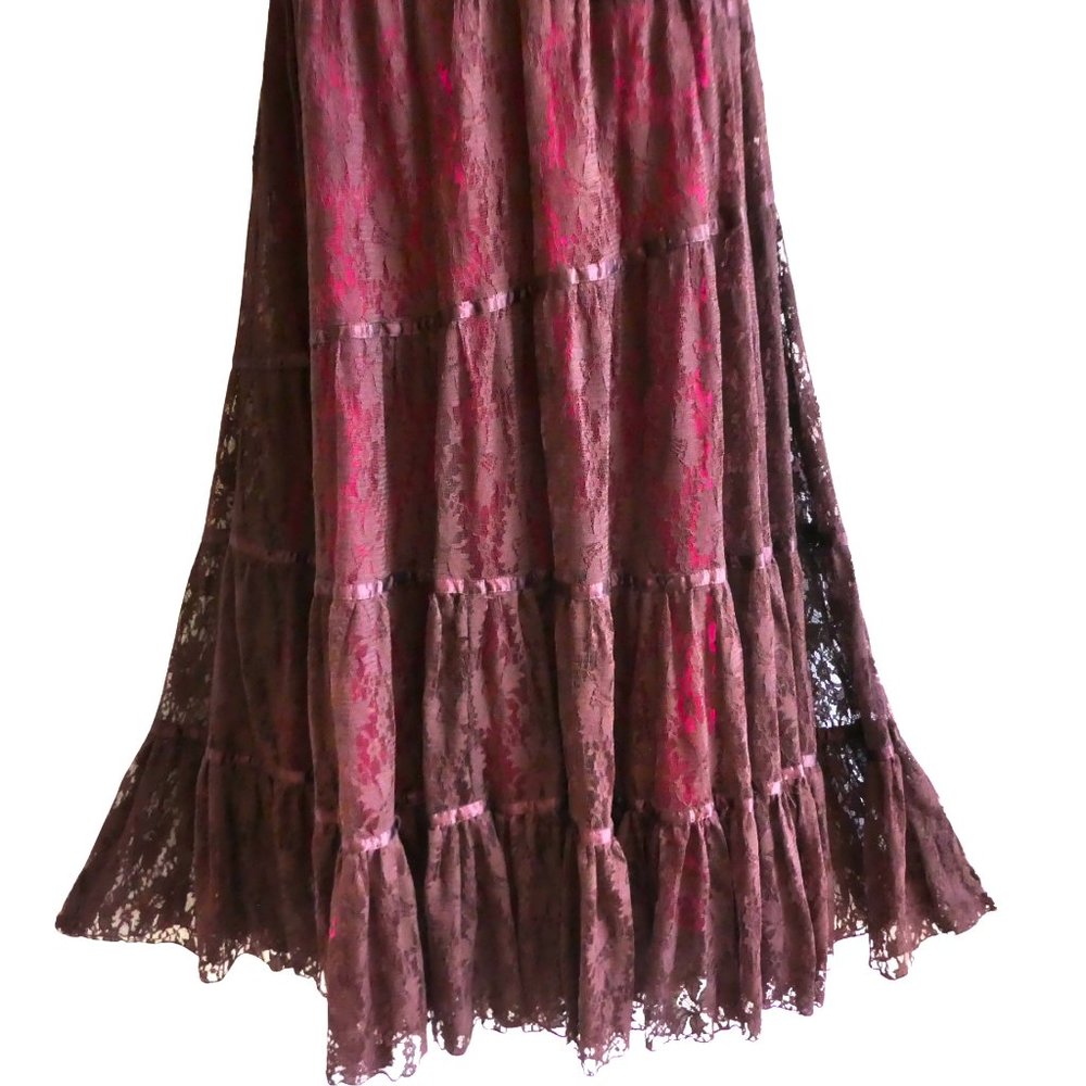 SOLD Bebe Maxi Floral Lace Overlay Skirt Burgundy Silk Ribbon Trim Raisonette - Picture 8 of 10
